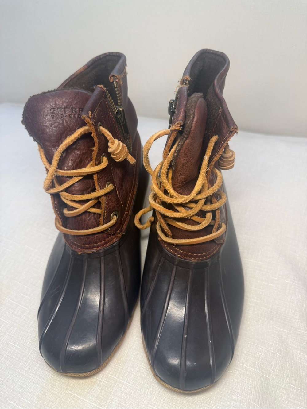 Sperry Brown Leather & Black Rubber Duck Boots with Tan Laces